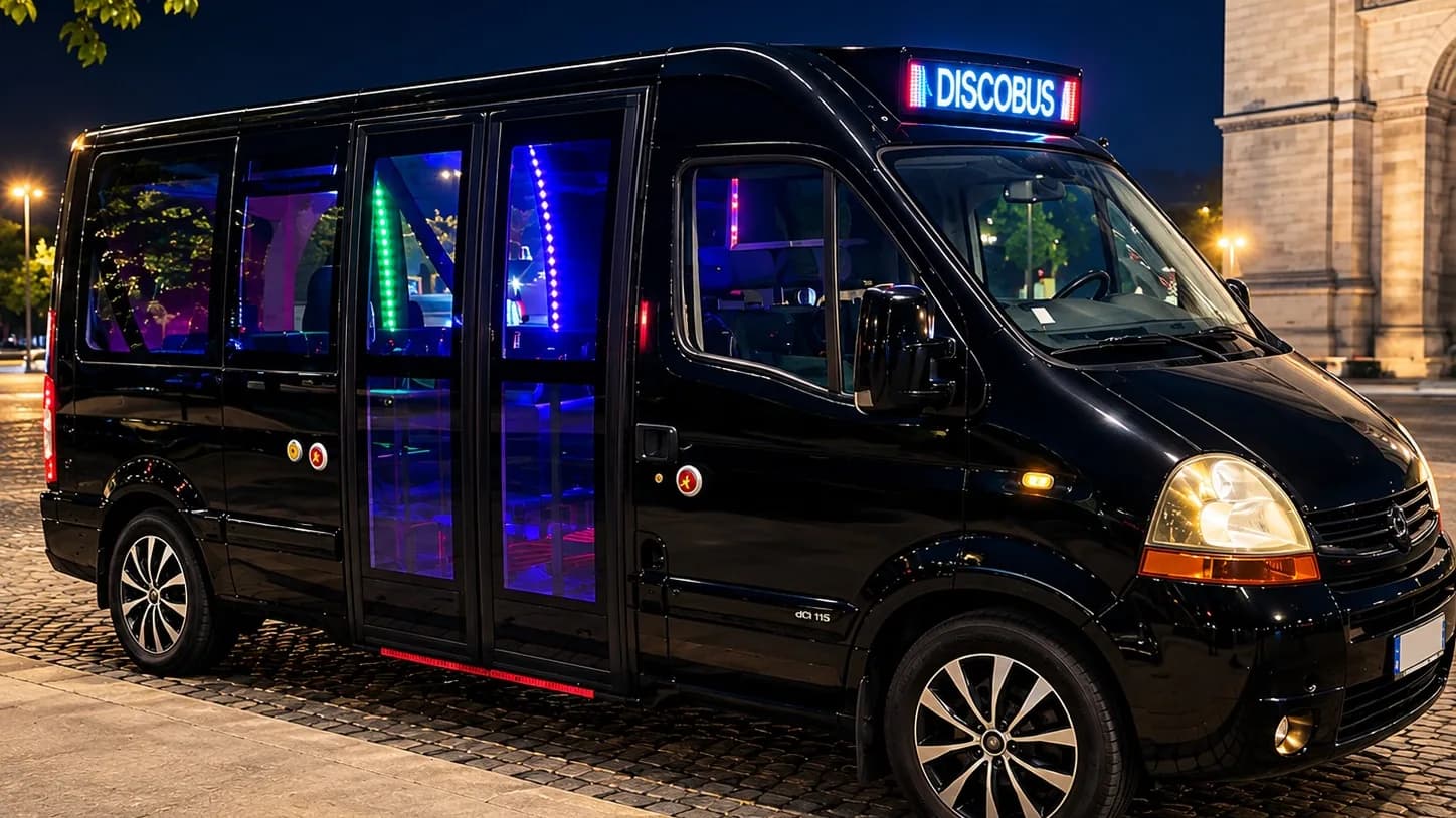 Mini Discobus Paris, bus festif privatisé garé de nuit devant l'Arc de Triomphe à Paris, LED allumées